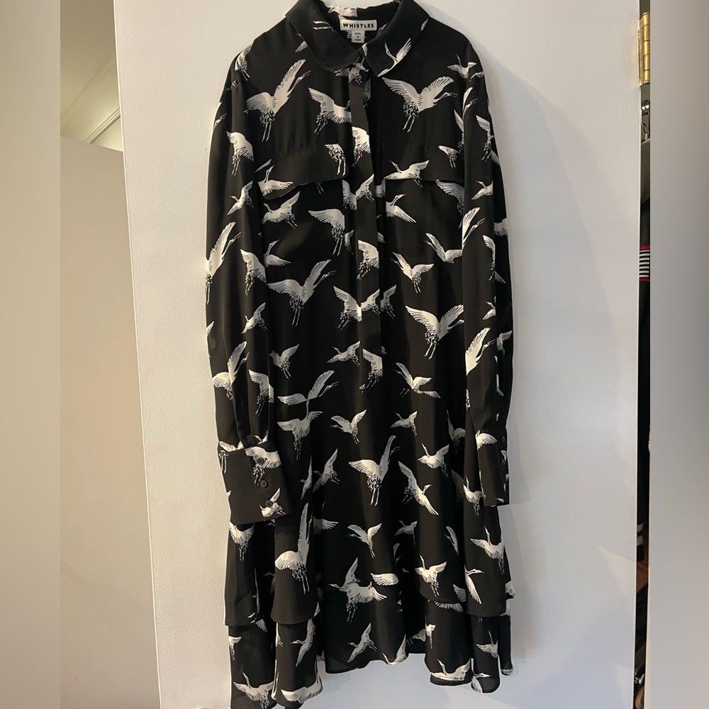 Whistles silk long sleeve mini dress with beautiful black and white bird print